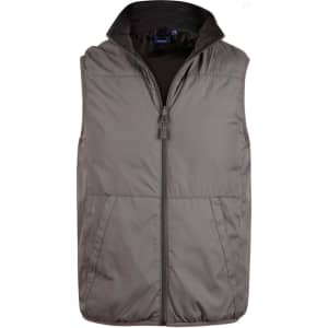 A grey men's versatile vest with a zip front and a collar, featuring a branding logo.