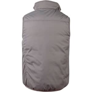 A grey versatile vest with a high collar and a padded design, featuring a logo on the back.
