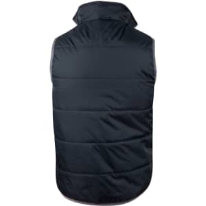 A men's versatile vest in dark grey, featuring a quilted design and a high collar, with a logo on the back.