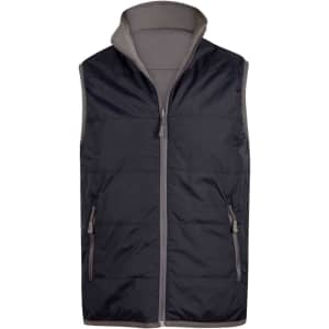A black and grey men's vest with a zip front and two side pockets, featuring a high collar and a logo.