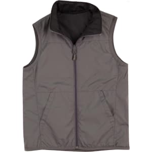 A grey men's vest featuring a zippered front and two side pockets. It has a collar and a lightweight design.