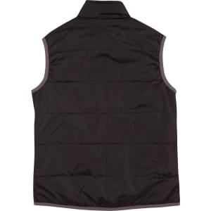 A black ladies' vest with a sleeveless design and a standard collar, featuring a branding logo.