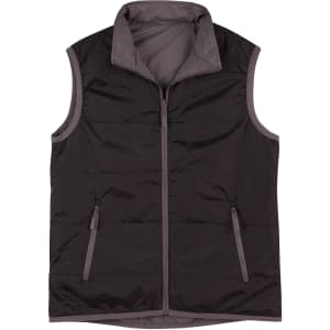 A black and grey versatile vest with a zip front, featuring side pockets and a high collar.