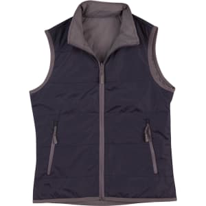 A dark grey versatile vest with a high collar and two zippered pockets. It features a logo on the chest.
