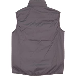 A grey ladies' vest featuring a collar and no sleeves, with gathered detail on the sides. It has a logo.