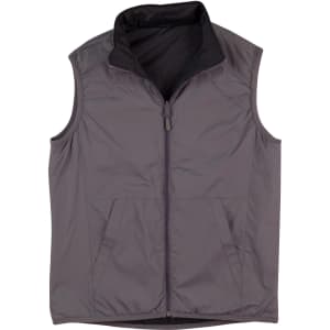 A grey versatile vest with a zippered front and two front pockets, featuring a collar and a branded logo.
