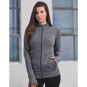 A grey unisex seamless jacket with a high collar, zip front, and side pockets, featuring a logo.