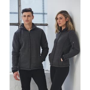 A men's and women's heathered charcoal fleece jacket featuring a front zip and pockets, with a logo on the jacket.