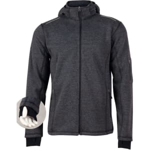 Men's heather bonded fleece jacket in dark grey with a hood, featuring zip pockets and a logo.