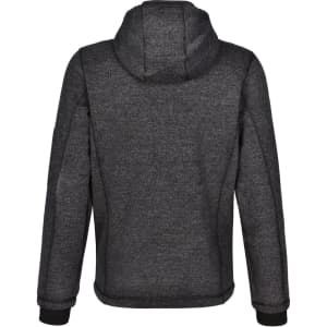 A grey men's fleece jacket with a hood, featuring a sleek, bonded design and a rear view.