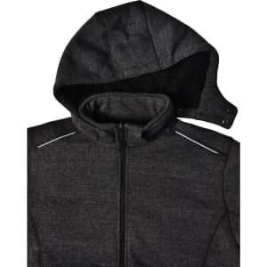 A men's heather bonded fleece jacket in dark grey with a hood and zippered front. Features a logo and reflective details.