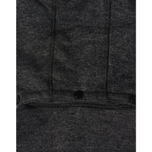 A dark grey fleece jacket featuring a textured fabric and black snap buttons. It has a logo on the garment.