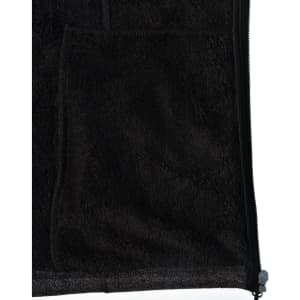 A textured black fleece jacket featuring a zip closure and front pockets. It has a logo on the fabric.