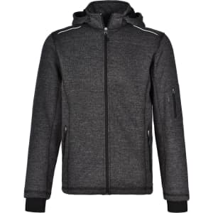 A men's heather bonded fleece jacket in dark grey, featuring a zipped front and a hood, with a logo on the side.