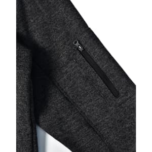Men's heathered black bonded fleece jacket featuring a zippered pocket on the sleeve, and a subtle logo.
