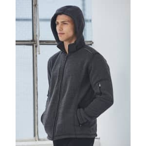 A men's heather bonded fleece jacket in dark grey, featuring a hood and zippered pockets, with a logo on the sleeve.