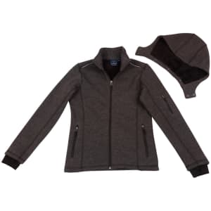 A grey bonded fleece jacket with a removable hood, featuring two front pockets and a zip closure.