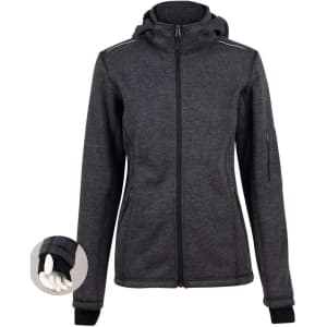 A ladies' polar fleece jacket in dark grey with a hood, featuring a zip closure and pockets. It has a logo on the sleeve.