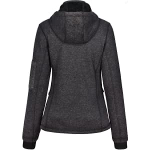 A ladies' grey bonded fleece jacket with a hood, featuring a fitted design and an included logo.