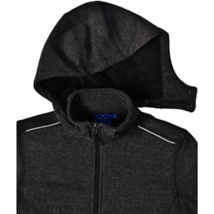 A dark grey bonded fleece jacket featuring a hood and zip closure. It has a logo and contrasting details.