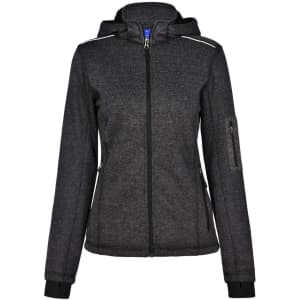 A ladies' fleece jacket in heather grey with a hood, featuring zippered pockets and a logo.