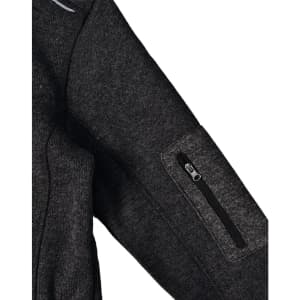 A dark grey fleece jacket featuring a zipped pocket on the sleeve and a logo on the front.