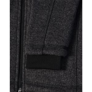 A dark heather grey fleece jacket with a black ribbed cuff and zipper detail. It also features a logo.