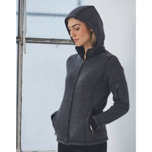 A ladies' heather bonded fleece jacket in dark grey, featuring a zip front and a hood. The jacket has a logo.
