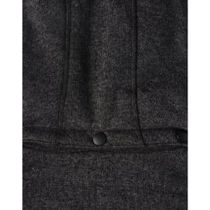 A black heather fleece jacket featuring a zip closure and two snap buttons at the hem. It has a logo present.
