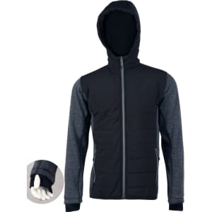A black and grey men's heather sleeve quilted body jacket with a hood and zipped pockets. Features a logo.