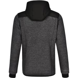 A black and grey men's jacket with a hood, featuring a quilted body and heathered sleeves. It has a logo on it.
