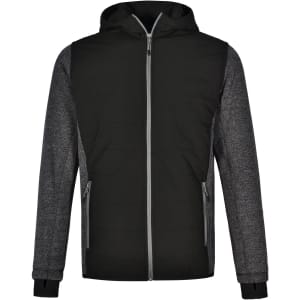 A men's jacket featuring a quilted body in black and grey with a hood and zippered front. It has pockets and a logo.