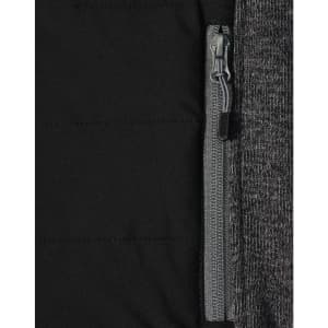 A close-up of a men's jacket featuring a heather sleeve and quilted black body with a zip pocket.