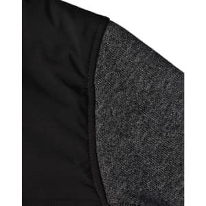 A close-up of a men's jacket featuring a quilted black body and grey heather sleeves, with a logo visible.