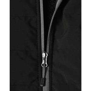 A black quilted body jacket featuring a zippered front and a heather sleeve design, with a logo present.