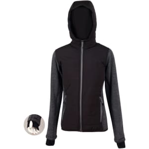 A black and grey ladies' heather sleeve quilted body jacket with a hood and zippered pockets, featuring a logo.