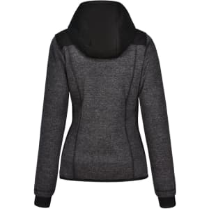A ladies' jacket with a heather grey and black quilted design, featuring a hood and fitted silhouette.