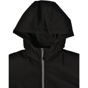 A black women's quilted jacket featuring a hood and a front zip, with a logo on the design.