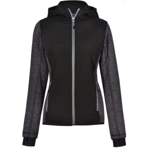 A ladies' black heather sleeve and quilted body jacket with a hood and zippered front pockets.