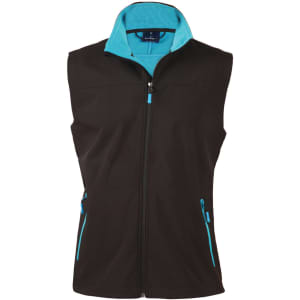 A black softshell vest with a contrasting turquoise collar and zippers, featuring two side pockets.