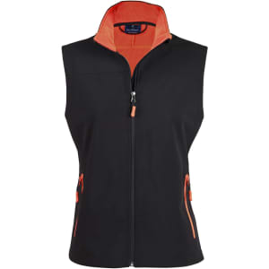 A black softshell vest with an orange collar and zip, featuring two front zip pockets and a centre zip.