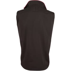 A black ladies' softshell contrast vest featuring a high collar and a logo on the back.
