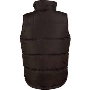 A heavy quilted vest in black, featuring a high collar and a simple design, with a logo on the back.