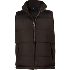 A heavy quilted vest in dark brown with a high collar and two front pockets, featuring a logo on the inner label.