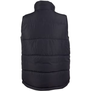 A heavy quilted vest in black, featuring a high collar and a simple design. Includes a logo on the back.