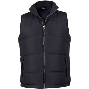A heavy quilted vest in black with a zip front and side pockets. It features a logo on the inside.