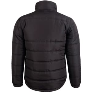A heavy quilted jacket in black, featuring a puffer design and a high collar. It has a logo on the back.