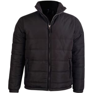 A black heavy quilted jacket with a zip front and high collar, featuring a logo on the chest area.