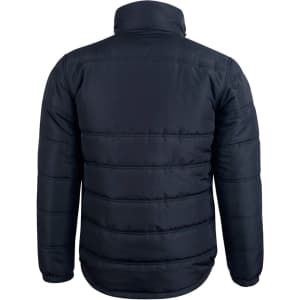 A heavy quilted puffer jacket in navy blue, featuring a high collar and a smooth finish. It has a logo on the back.