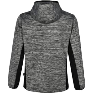 A grey and black work hoodie featuring a hood and a textured design. It has a logo on the side.